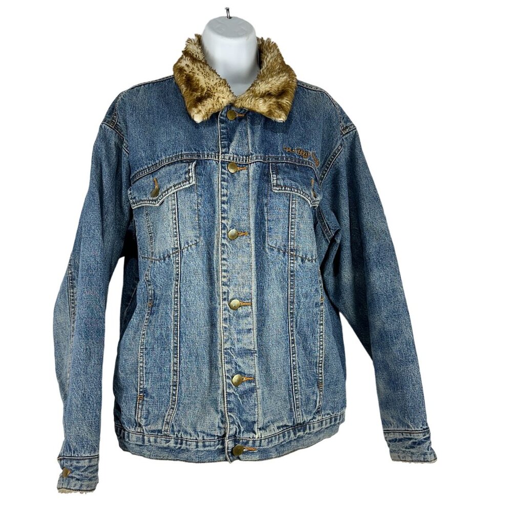Big Dogs Womens Denim Fur Collar Jacket Large Button Up Vintage Blue